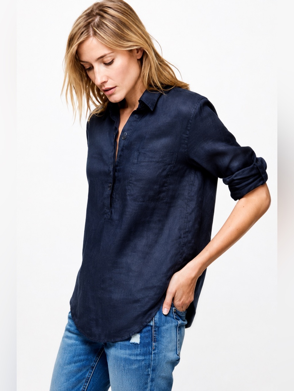 GAP Womens Medium Navy Blue 100% Linen Henley Shirt Roll Tab Sleeve Pullover